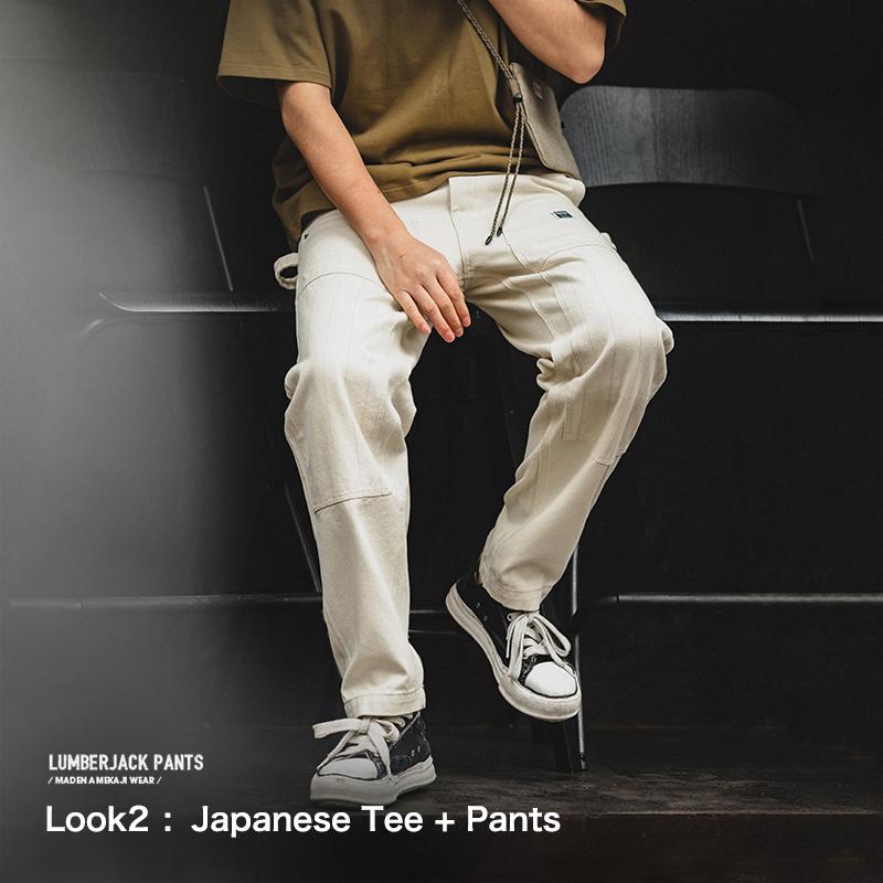 Pantalones Cargo para Hombre MADEN Vintage Blanco Lavado Recto con Múltiples Bolsillos Pantalón de Carpintero de Calle