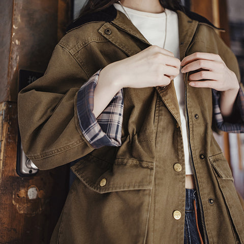 MADEN Women’s 310gsm Cotton Barn Jacket Loose Waist Drawstring Workwear Coat Autumn Casual Turn-down Collar Khaki Outerwear