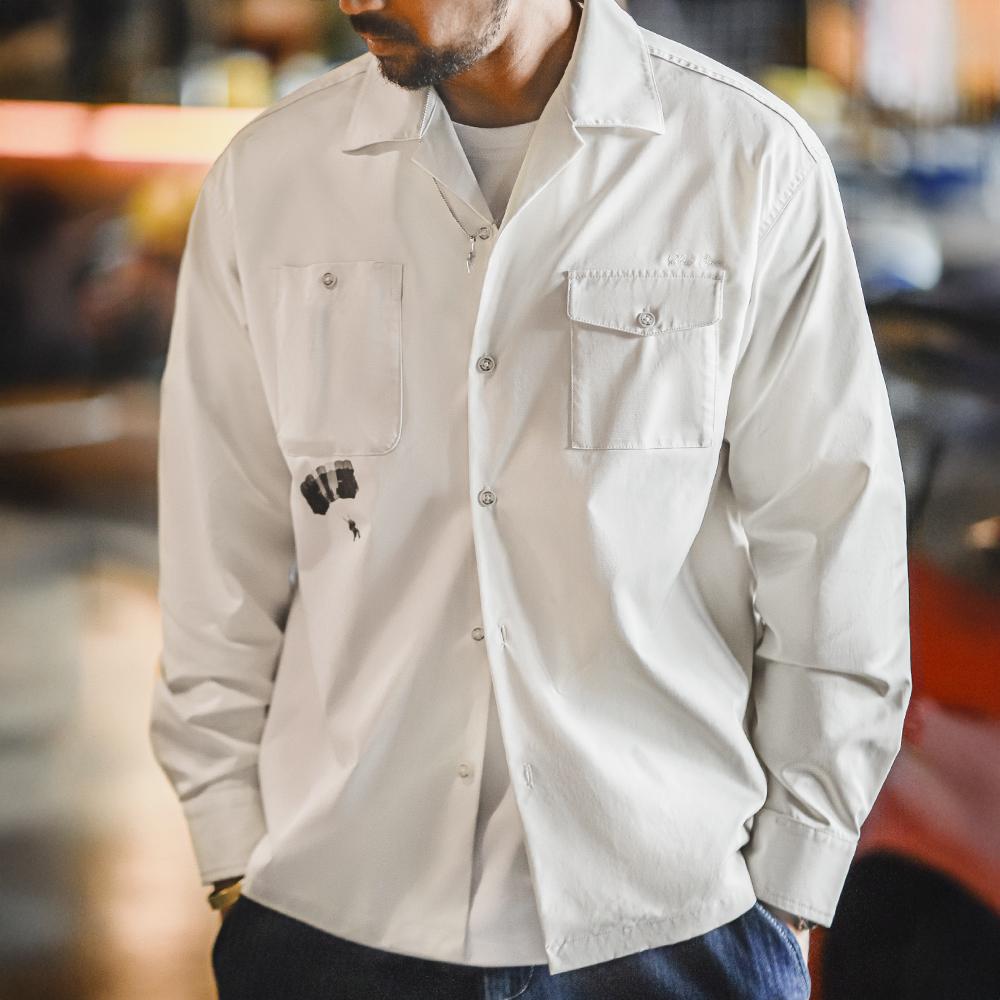 MADEN Men's  Camp Collar Shirt Retro Print Long Sleeve Loose Fit Overshirt for Summer & Fall Casual Versatile White