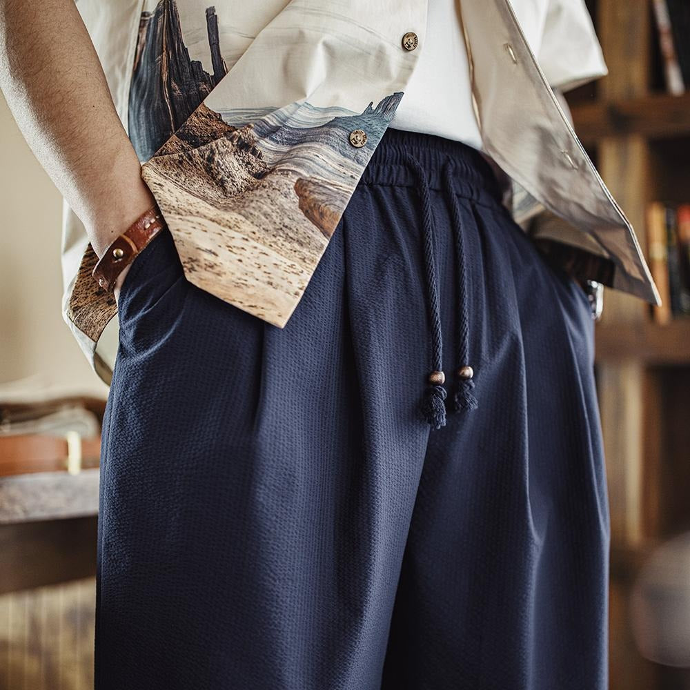 MADEN American Casual Waist Tie Seersucker Japanese Lantern Pants Men Loose Wide Leg Breathable Scimitar Pants Spring Summer