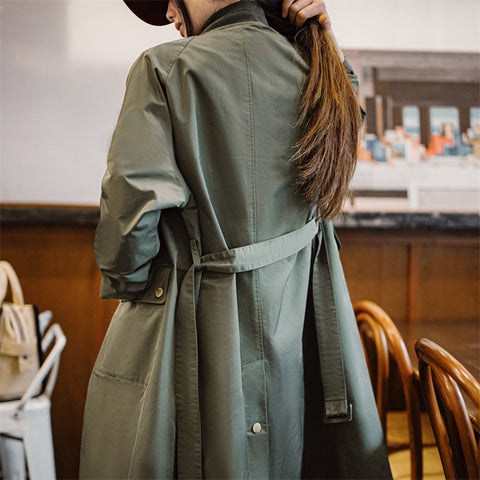 MADEN Women’s Trench Coat – Olive Green, Mid-Length Belted Fit