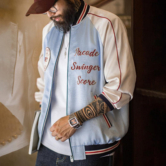 MADEN Blaue Satin Bestickte Sukajan Baseballjacke