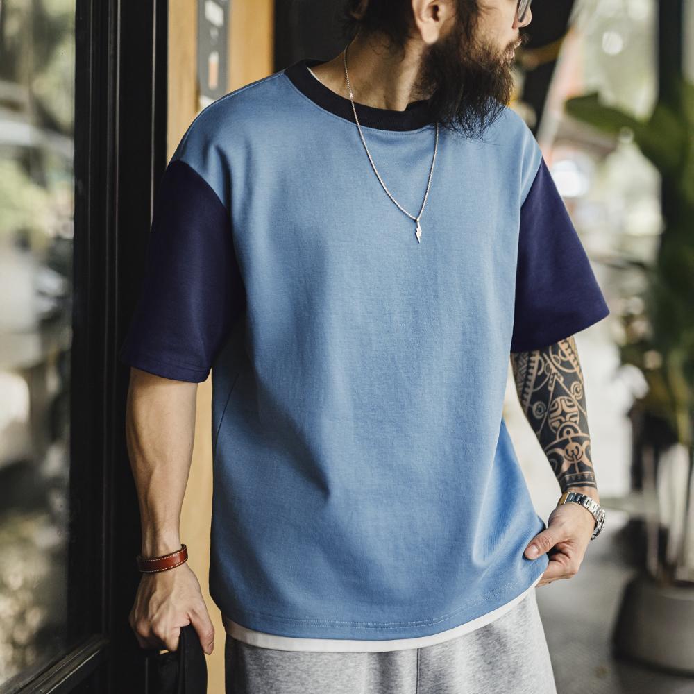 Camiseta MADEN de bloques de color para hombre Estilo retro Cuello acanalado Hombros caídos Camiseta de manga corta con capa de aire Corte holgado Verano 2025