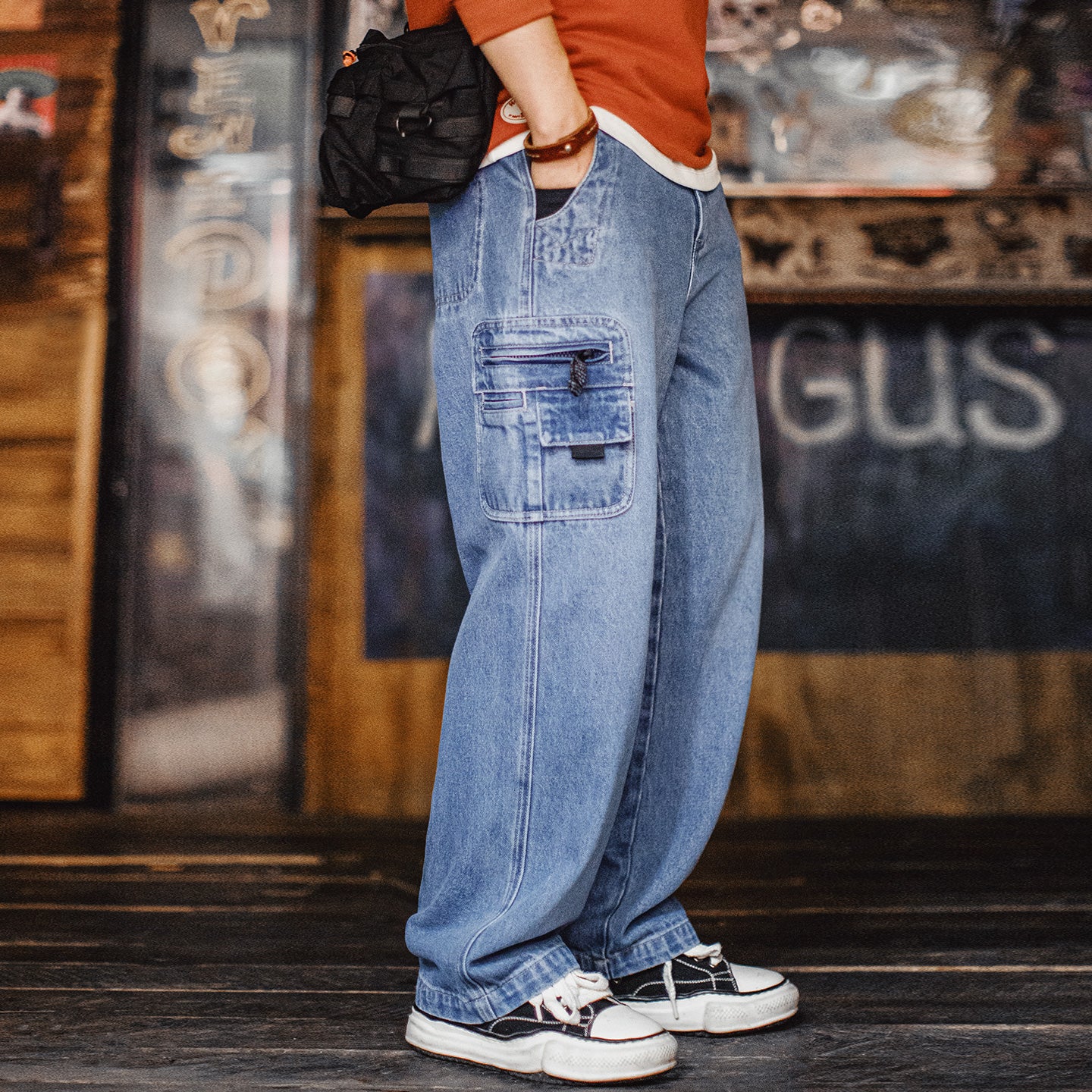 마덴 세탁된 데님 다용도 주머니 일자 청바지
