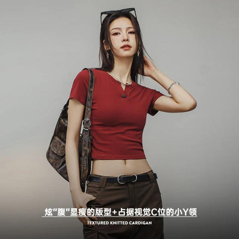 MADEN Crop Top Henry Shirt, kurzärmeliges Slim-Fit-T-Shirt und kurzes, einfarbiges Innenshirt aus Baumwolle für Damen im Sommer 