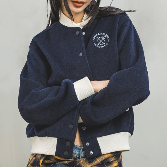 MADEN Women's Vintage Color-Blocked Heavyweight Cotton Baseball Jacket