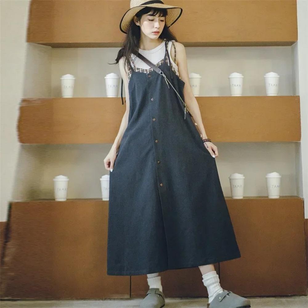 MADEN Vintage Plaid A-Line Midi Dress