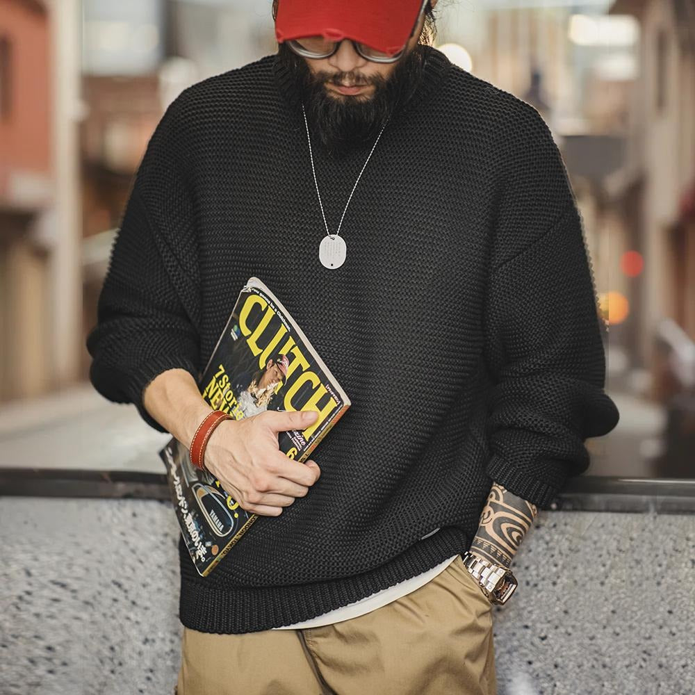 MADEN Men’s Heavyweight Chunky Knit Sweater – Loose Fit Round-Neck Pullover