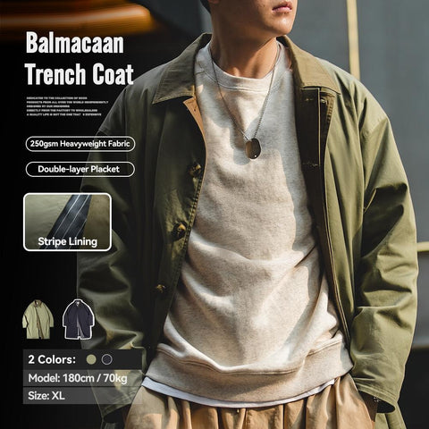 MADEN Men’s Autumn Workwear Windbreaker – Retro Loose Fit  Mid-Length Trench Coat