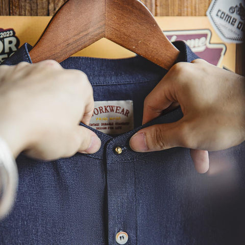 MADEN Herren American Retro Cool Eisseiden-Denimhemd, lässiges Langarmhemd, gewaschener Rundhalsausschnitt, Arbeitskleidung für den Herbst 