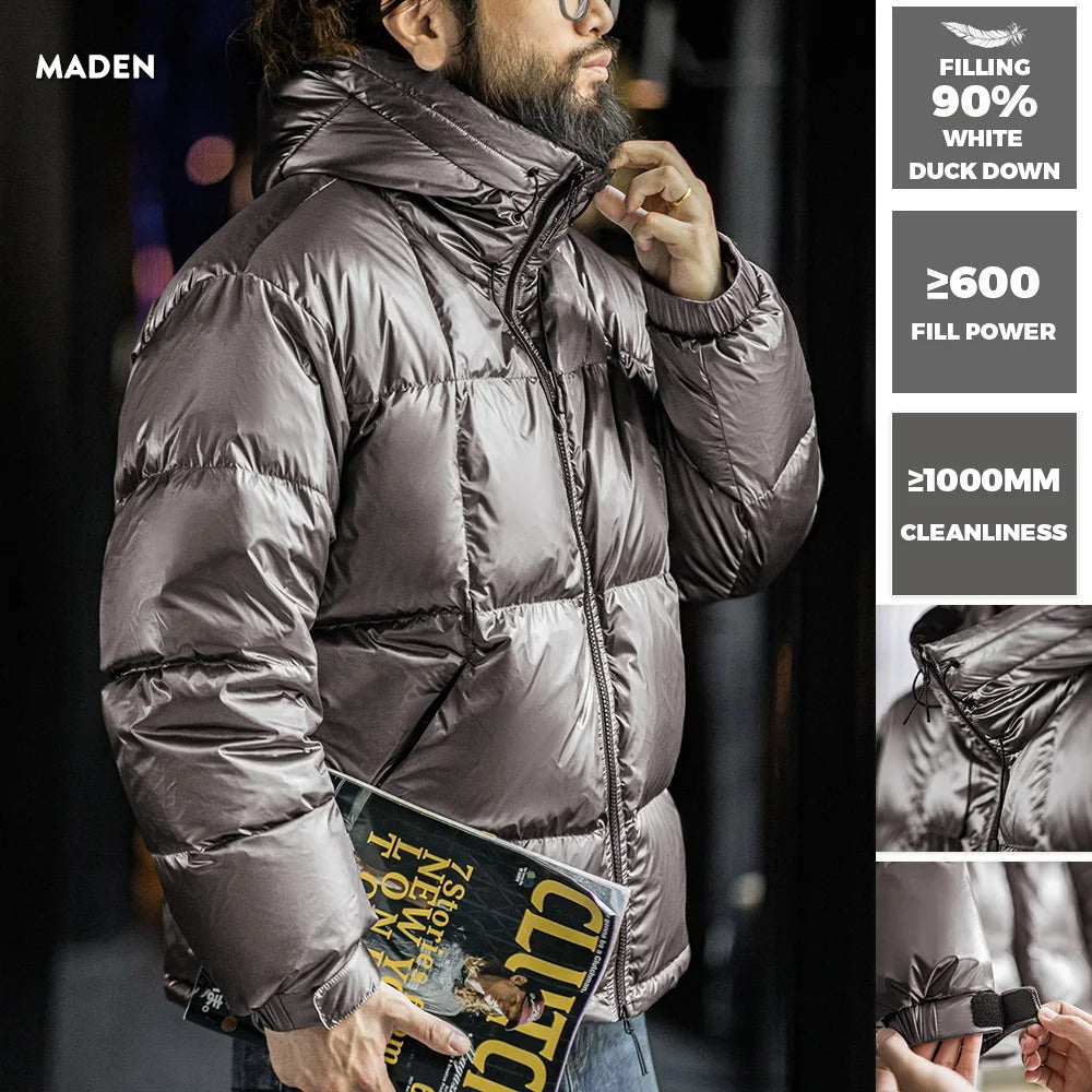 MADEN Herren Glänzende Daunenjacke mit Kapuze
