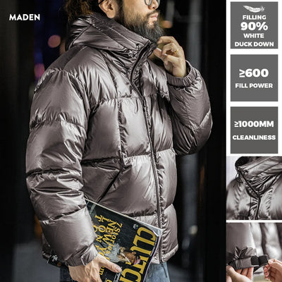 MADEN Casual Glossy Hooded  90% White Duck Down Jacket Warm Stand-up Collar Puffer for Men's Winter Versatile Solid Color Coats