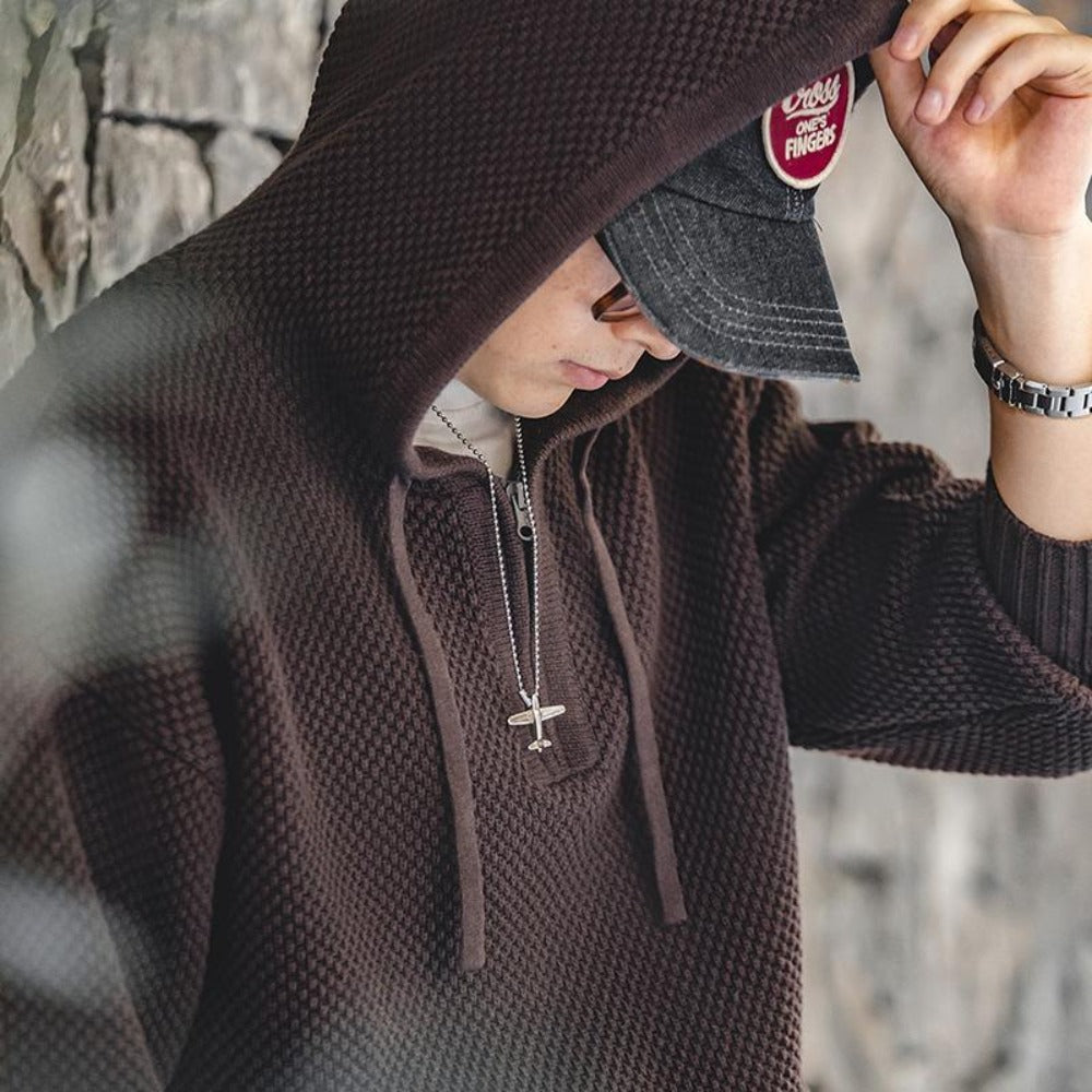 Sudadera de punto con media cremallera para hombre MADEN – Suéter grueso y casual con capucha y diseño de piña
