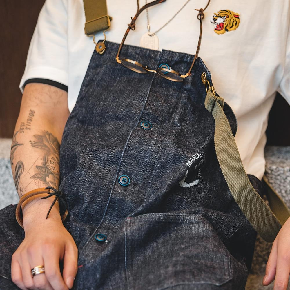 MADEN Herren Schwergewicht Baumwoll Cargo Denim Latzhose