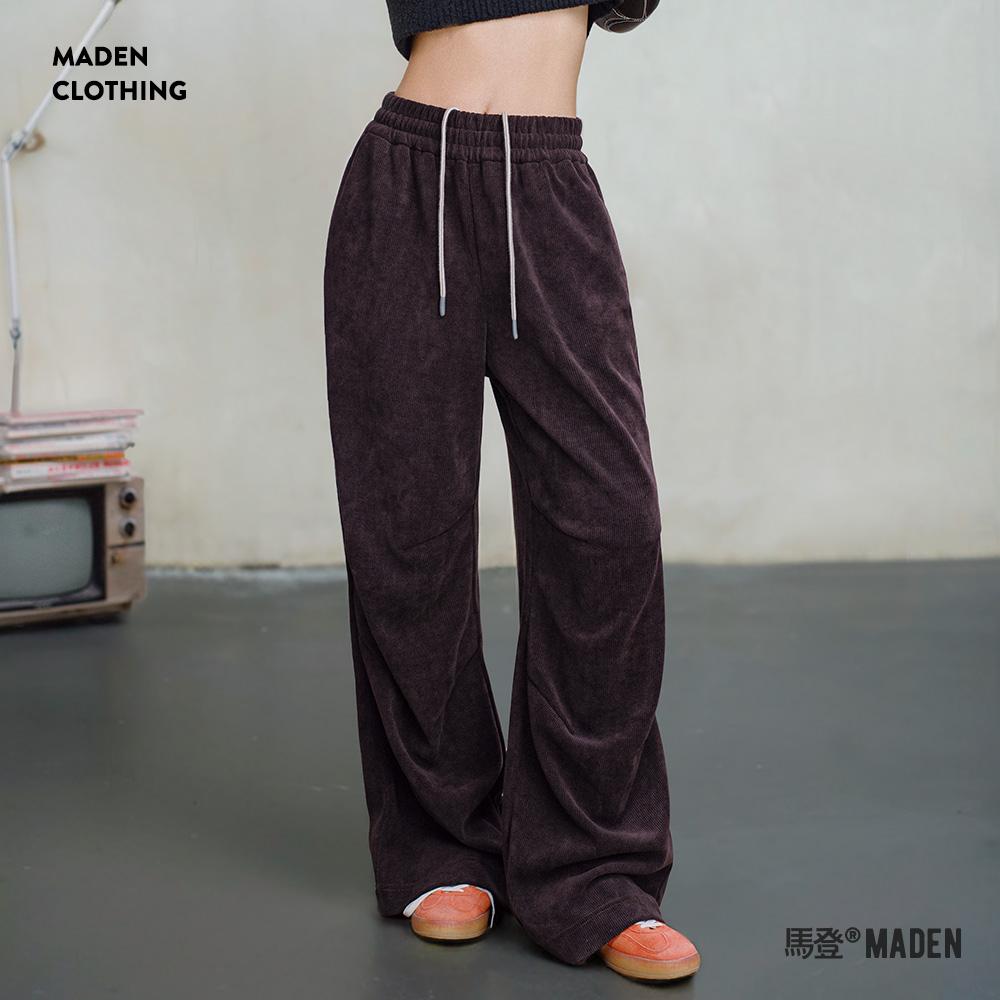 MADEN Damen Vintage Chenille Jogginghose, lockere Freizeithose, dunkelbraun, elastischer Bund mit Kordelzug, weites Bein, YH2402856 