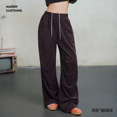 MADEN Damen Vintage Chenille Jogginghose, lockere Freizeithose, dunkelbraun, elastischer Bund mit Kordelzug, weites Bein, YH2402856 