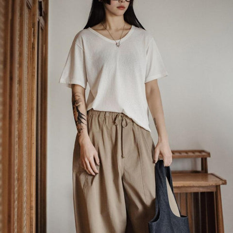 MADEN Ivory Textured T-Shirt Wide Neckline | Losse-fit Lightweight 7A Cooling Tee Drop‑Shoulder Summer Essentials Casual Chic Vibes