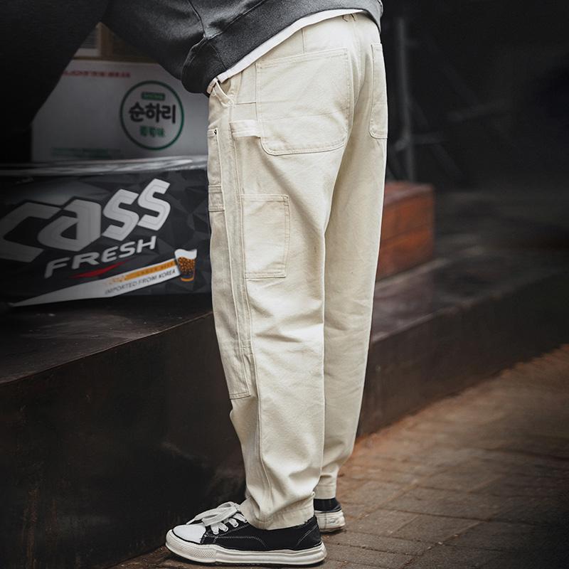Pantalones Cargo para Hombre MADEN Vintage Blanco Lavado Recto con Múltiples Bolsillos Pantalón de Carpintero de Calle