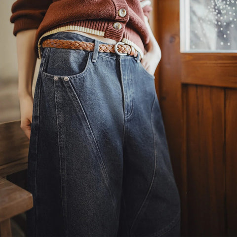 MADEN Women's Vintage Denim Cargo Pants 15oz Patchwork Wide Leg Jeans Loose Fit YKK Zipper Workwear Casual Trousers for Autumn