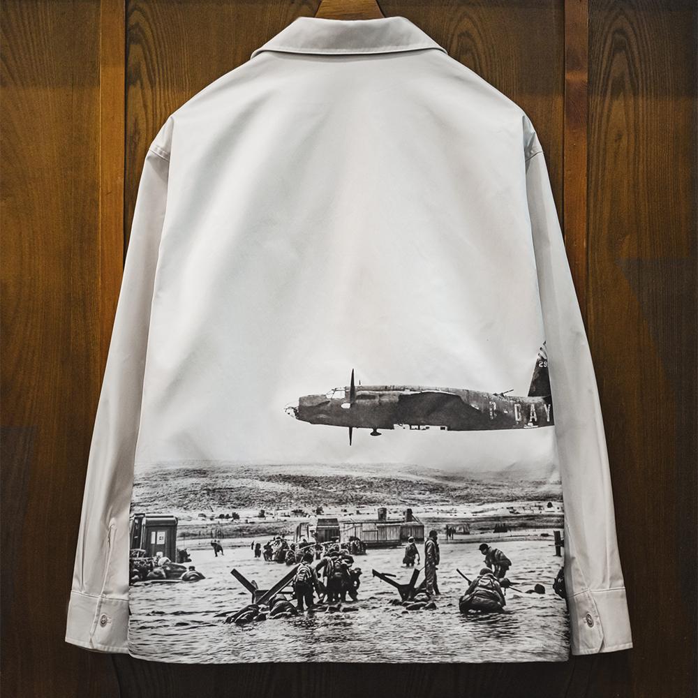 MADEN Men's  Camp Collar Shirt Retro Print Long Sleeve Loose Fit Overshirt for Summer & Fall Casual Versatile White