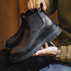 Maden Men's Chelsea Derby Shoes Slip-On Thick Sole Height-Boosting Casual Black Leather Ankle Boots