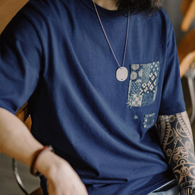 Camiseta informal MADEN para hombre, vintage índigo, teñida con tinte azul de origen vegetal, algodón 100%, camiseta con parches y bolsillos, diseño original de Tío Fu