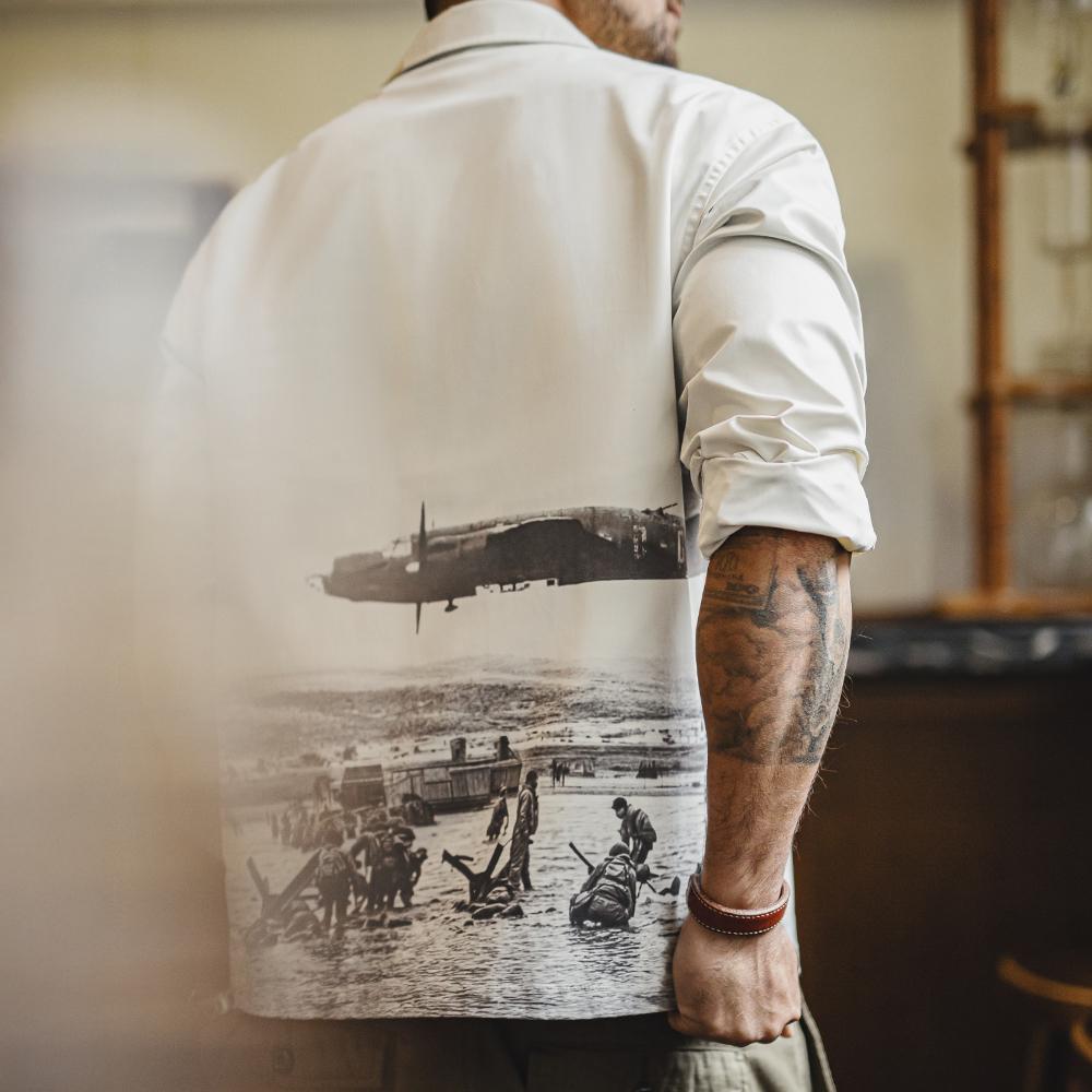 MADEN Men's  Camp Collar Shirt Retro Print Long Sleeve Loose Fit Overshirt for Summer & Fall Casual Versatile White