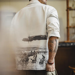 MADEN Men's  Camp Collar Shirt Retro Print Long Sleeve Loose Fit Overshirt for Summer & Fall Casual Versatile White