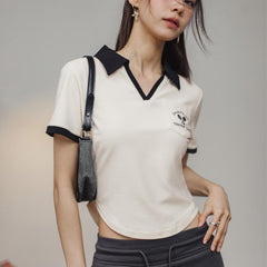 Maden Vintage V-Neck Shirt Women’s Casual Contrast Tee