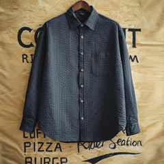MADEN Retro Patchwork Seersucker Long Sleeve Shirt