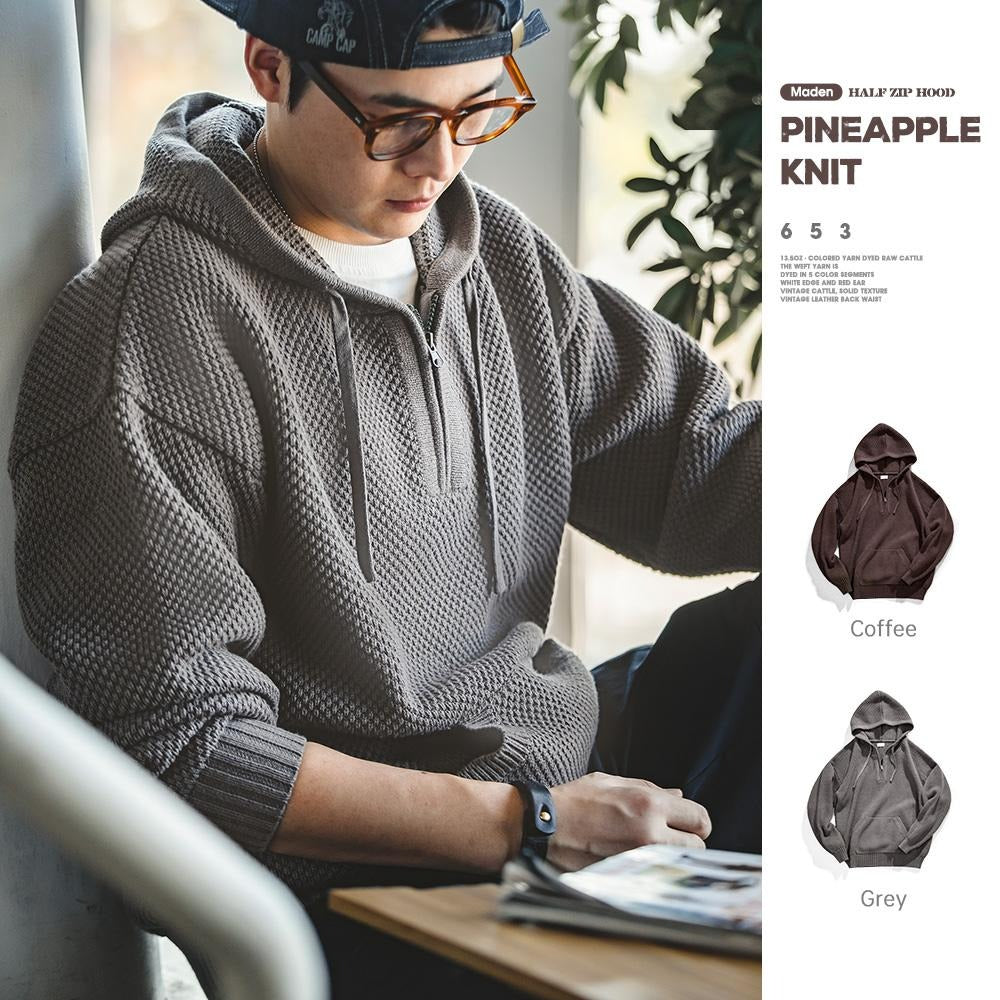 Sudadera de punto con media cremallera para hombre MADEN – Suéter grueso y casual con capucha y diseño de piña