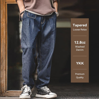 MADEN Tapered Jeans – Loose Fit 12.8oz Washed Denim Baggy Casual Pants for Men