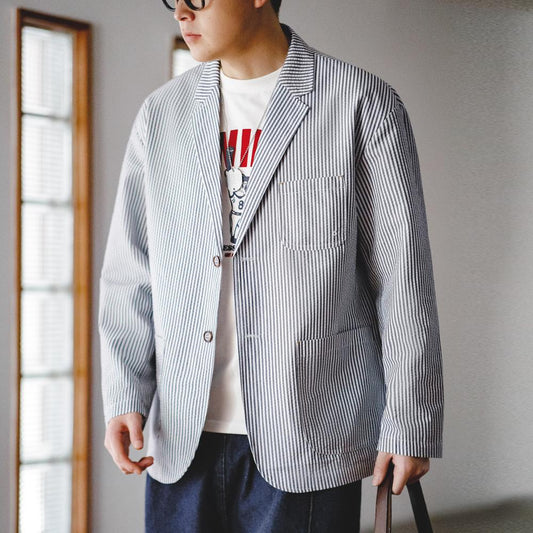 MADEN Herren gestreifter Seersucker Freizeit-Blazer Sakko