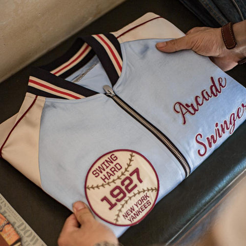 MADEN Men's Sukajan Baseball Jacket Retro Satin Embroidered Design Varsity Coat Y2K Outerwear Bomber Jackets Blue Yankees-Inspired