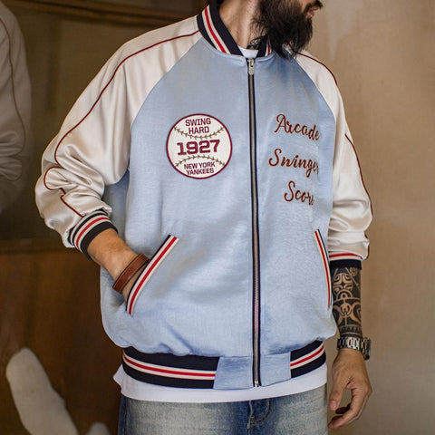 MADEN Men's Sukajan Baseball Jacket Retro Satin Embroidered Design Varsity Coat Y2K Outerwear Bomber Jackets Blue Yankees-Inspired
