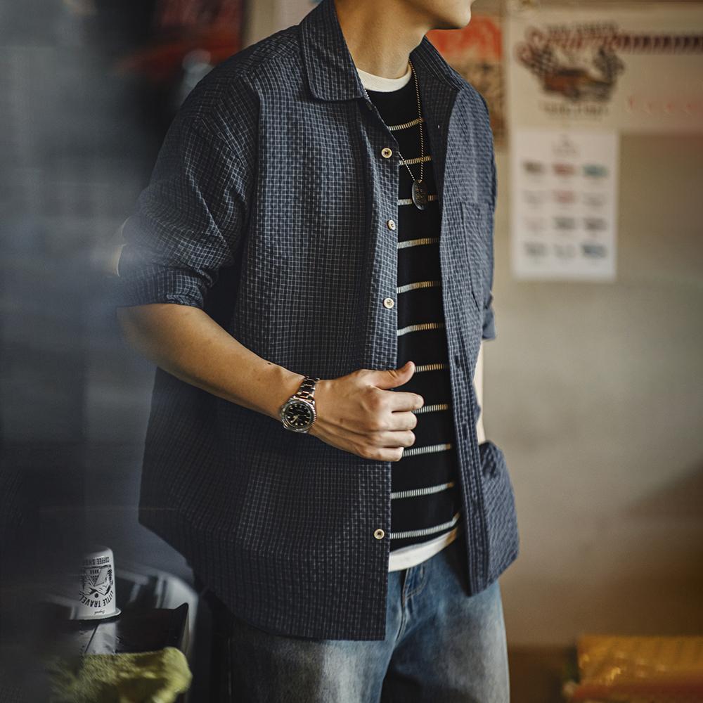 MADEN Retro Patchwork Seersucker Long Sleeve Shirt