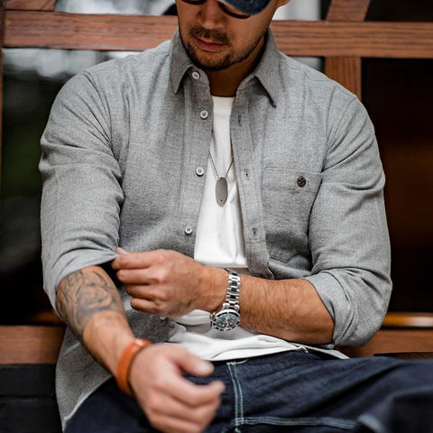 MADEN Herren-Baumwollflanellhemd – Graues Langarm-Business-Casual-Top 