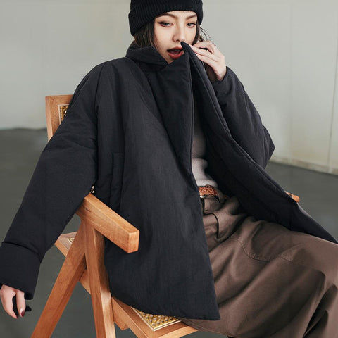 MADEN Damen-Steppmantel, locker geschnitten, einfarbig, warm, Winter, bequem, vielseitig, dicker Reverskragen, Basic, schwarz 