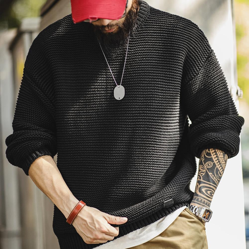 MADEN Men’s Heavyweight Chunky Knit Sweater – Loose Fit Round-Neck Pullover