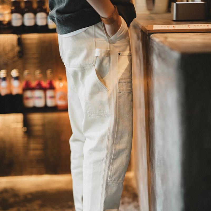 Pantalones Cargo para Hombre MADEN Vintage Blanco Lavado Recto con Múltiples Bolsillos Pantalón de Carpintero de Calle