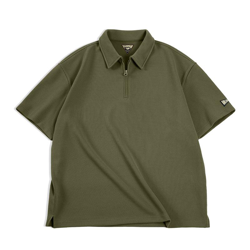 Polo gaufré MADEN pour homme, 330 g, épais, demi-zip, col à revers, manches courtes, idéal pour l'été