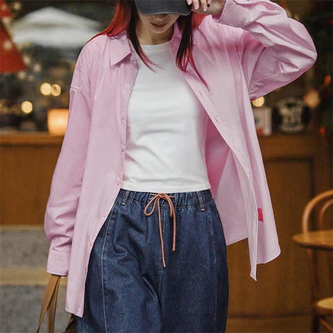 MADEN Hellrosa-weiß gestreiftes Hemd im lässigen Urlaubsstil, leicht elastisch, Oversize-Top mit Cut-Outs für Damen 